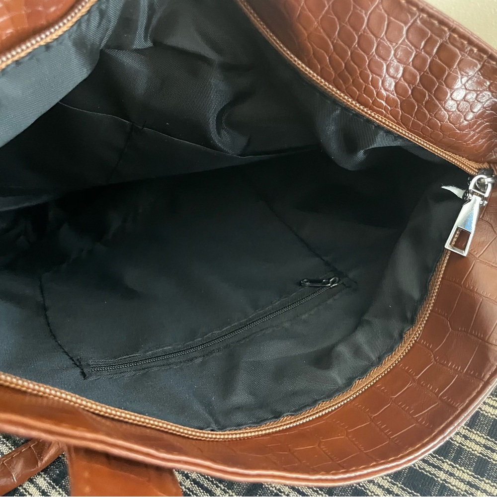 New Brown Faux Crocodile Embossed Lrg Tote Bag Synthetic Work Travel Purse #303 - Picture 5 of 5